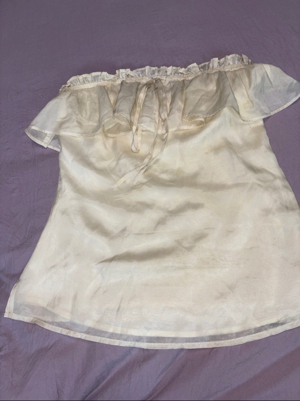 Women’s Off-Shoulder Cream Ruffle Camisole with Tie please notice tiny spots